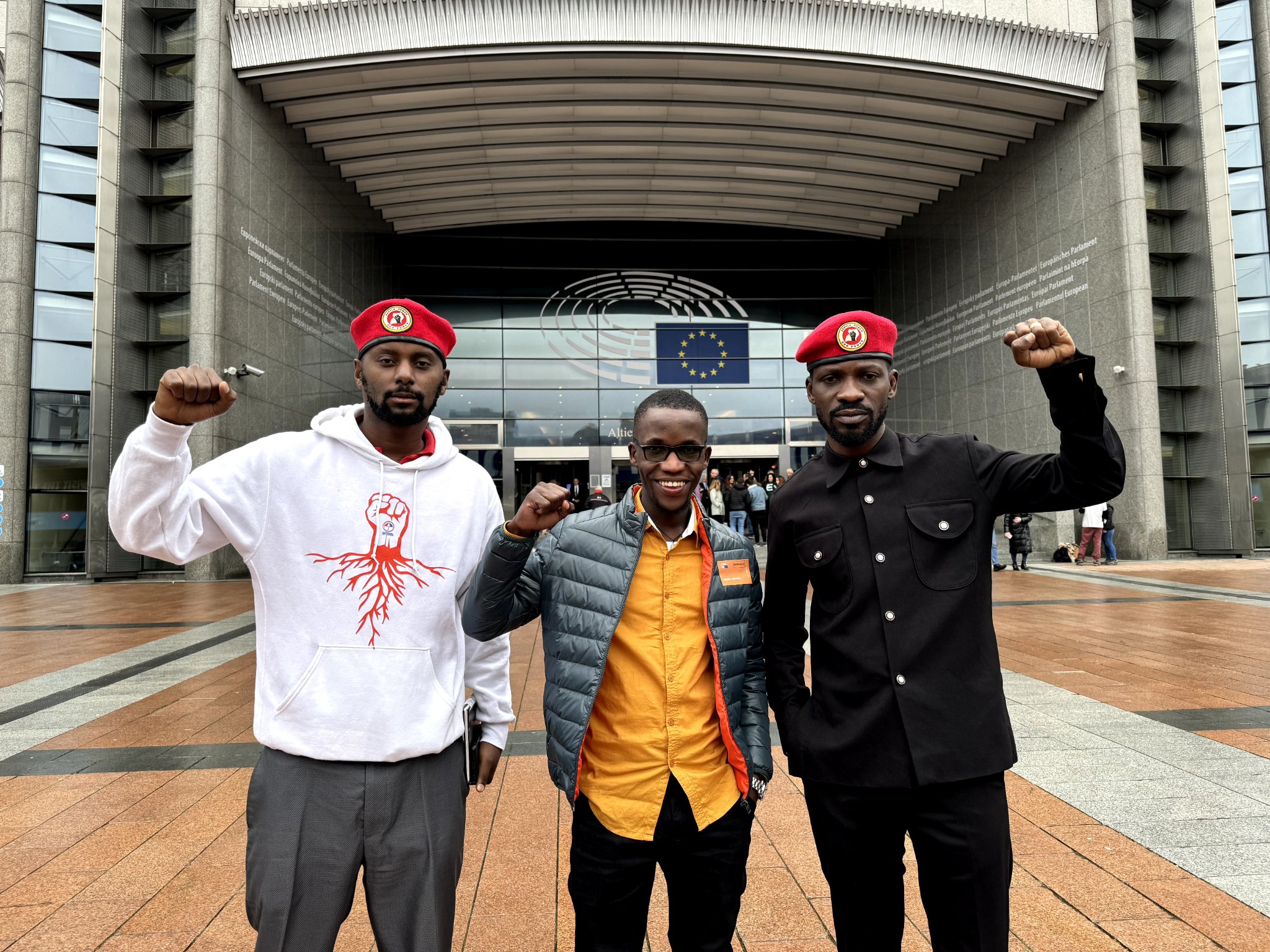 President Bobi Wine and his comrade addressing the European Parliament on political prisoners and military trials in Uganda."