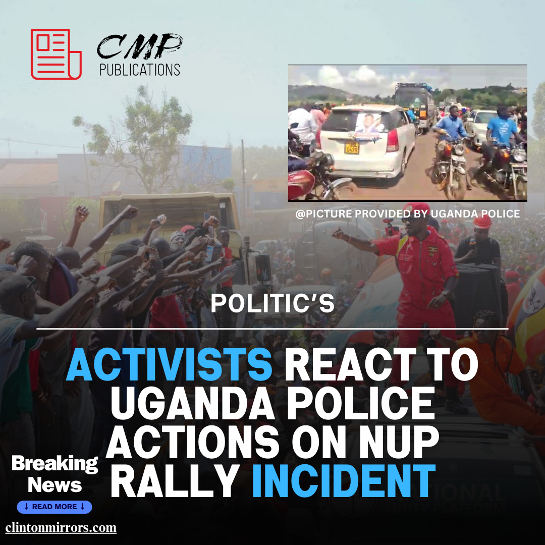 A political rally scene with a large crowd of National Unity Platform (NUP) supporters in Masaka, waving red flags and banners. President Robert Kyagulanyi Sentamu, known as Bobi Wine, stands on a stage addressing the enthusiastic crowd. Security forces are visible in the background, and there is a tense atmosphere due to recent incidents involving police actions against NUP activities. The image highlights the vibrant yet challenging political climate in Uganda.