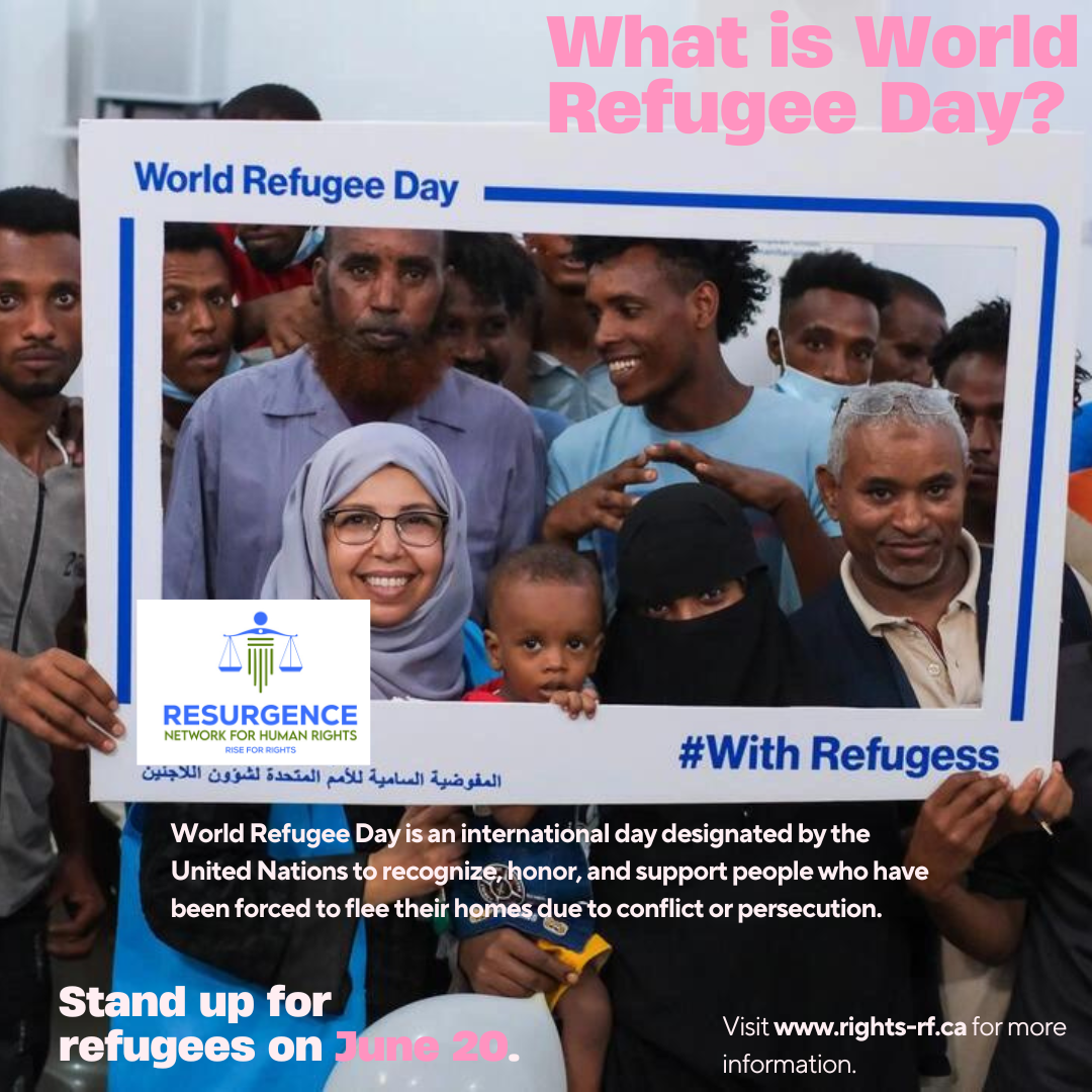 A group of refugees standing together, showing resilience and hope, with a backdrop of a world map highlighting regions affected by conflict. The image represents global solidarity and support for refugees on Refugee Day