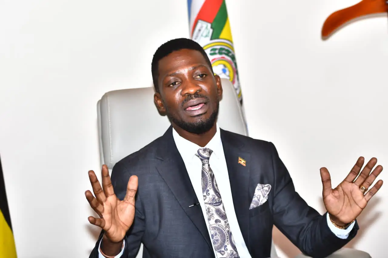 Robert Kyagulanyi, known as Bobi Wine, speaking at a press conference about the importance of circulating information on corruption scandals in Uganda.
