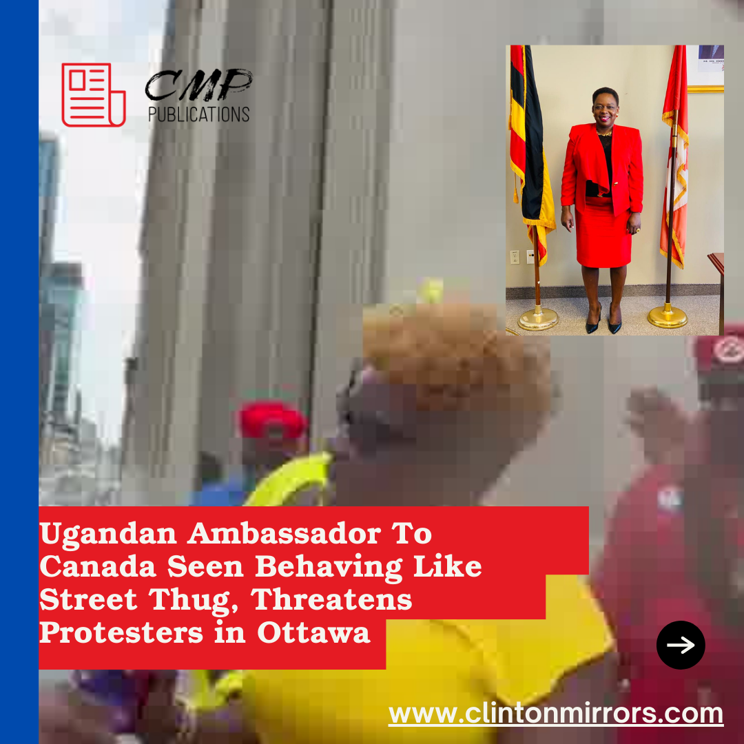 Ugandan High Commissioner Joy Ruth Acheng, dressed in yellow and wearing glasses, threatens peaceful protesters in Ottawa, sparking outrage and calls for her expulsion.