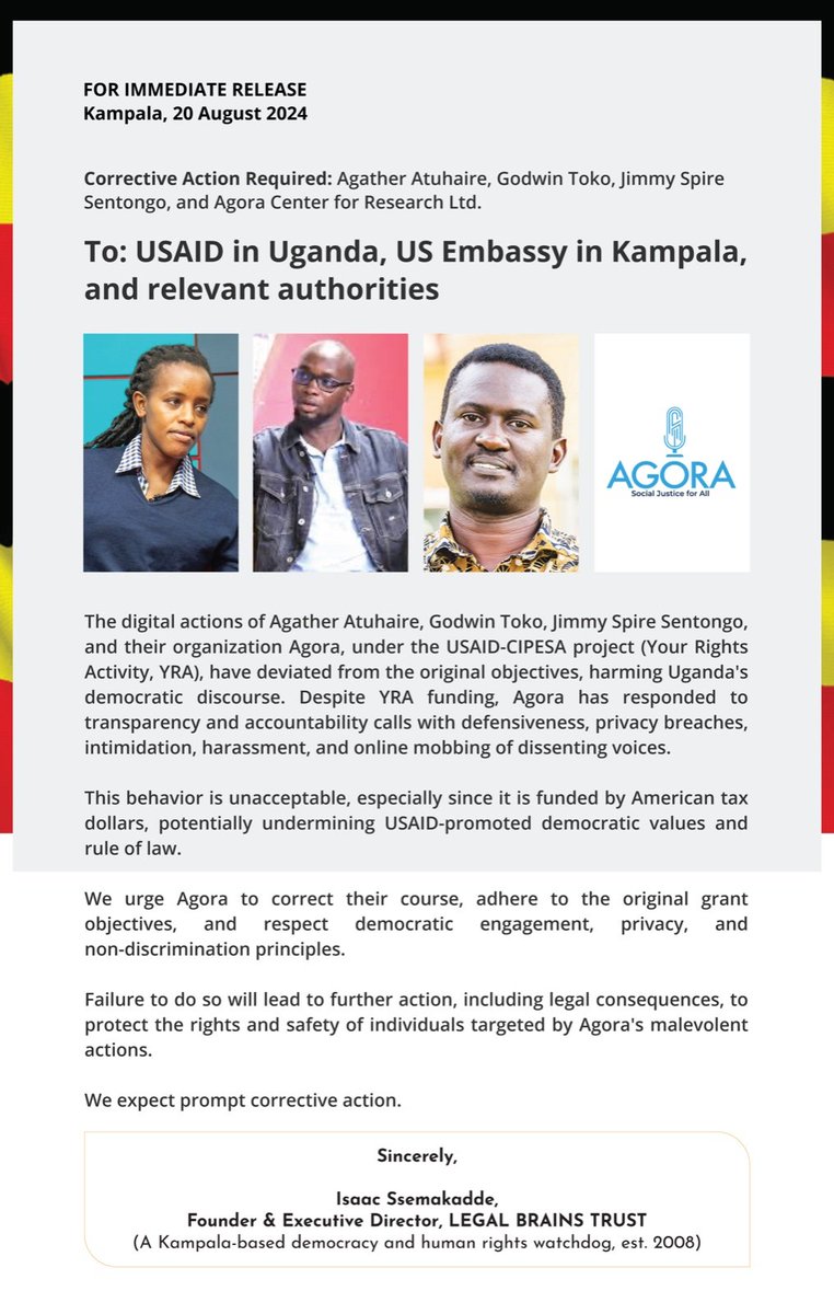 Image of a misleading document falsely accusing the Agora team, intended to misdirect the public and discredit their impactful work in Uganda.