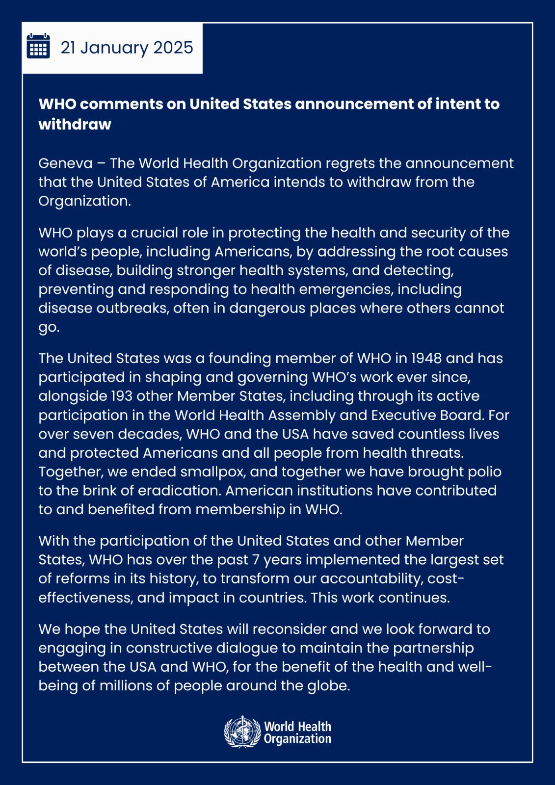 WHO Responds to U.S. Announcement of Withdrawal Intent